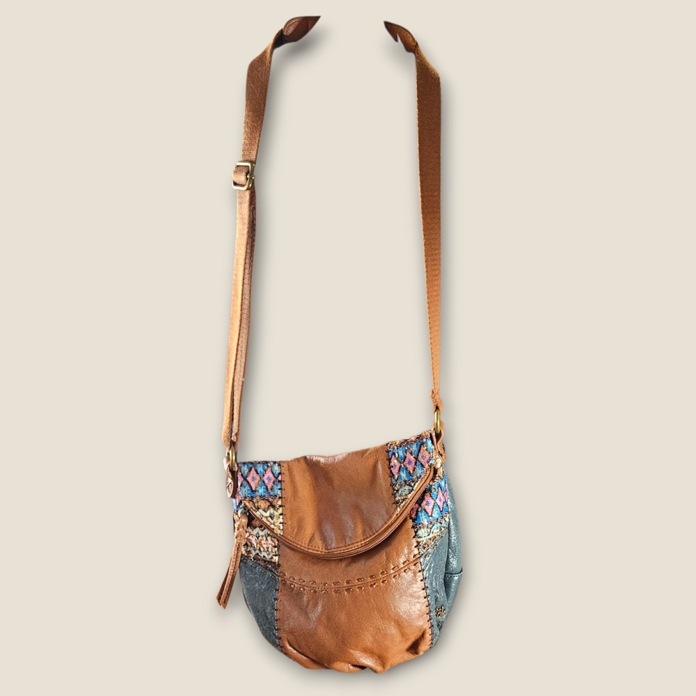 The Sak Leather Crossbody Bag Patchwork Brown Turquoise Sequin Boho Purse